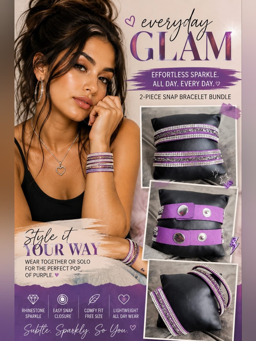 Faux Suede Snap-On Bling Bracelet Bundle | Purple Rhinestone Wrap Bracelets